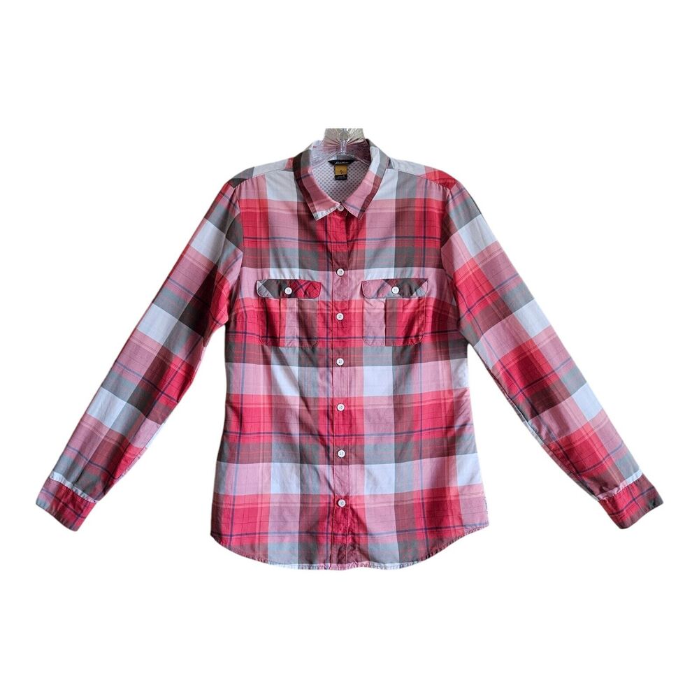 EDDIE BAUER Women's S Shirt Button Up Coral Plaid Long Sleeve Quick Dry 36"